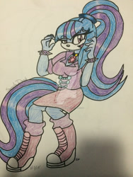 Size: 1024x1365 | Tagged: dead source, safe, artist:sugilitealpawolf, barely sonic related, character name, crossover, deviantart watermark, earth pony, eye clipping through hair, looking at viewer, mobianified, mouth open, my little pony, obtrusive watermark, pony, signature, smile, solo, sonata dusk, traditional media, watermark