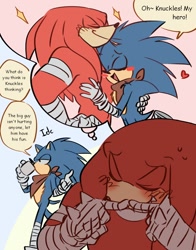 Size: 1100x1400 | Tagged: safe, artist:tiolimond, knuckles the echidna, sonic the hedgehog, 2023, blushing, dialogue, duo, english text, eyes closed, fingers together, flat colors, gay, heart, knuxonic, lidded eyes, one fang, shipping, shipping denied, smile, sonic boom (tv), sparkles, speech bubble, standing, thought bubble, walking