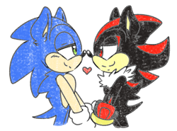 Size: 1250x925 | Tagged: safe, artist:star-babu, shadow the hedgehog, sonic the hedgehog, 2017, crayonwork, duo, ear fluff, gay, heart, holding hands, lidded eyes, looking at each other, shadow x sonic, shipping, simple background, smile, standing, white background