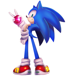 Size: 723x800 | Tagged: safe, artist:icen-hk, sonic the hedgehog, 2016, chaos emerald, holding something, lineless, looking at viewer, looking back, looking back at viewer, simple background, smile, solo, standing, v sign, white background