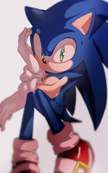 Size: 566x900 | Tagged: safe, artist:icen-hk, sonic the hedgehog, 2017, gradient background, head rest, looking at viewer, sitting, solo