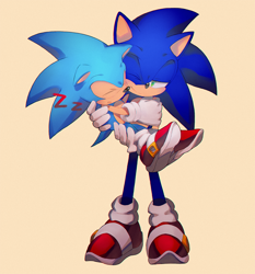 Size: 718x770 | Tagged: safe, artist:icen-hk, sonic the hedgehog, 2015, carrying them, classic sonic, cute, duo, eyes closed, grey background, looking at them, mouth open, one eye closed, self paradox, simple background, sleeping, smile, sonabetes, standing, zzz