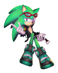 Size: 796x1000 | Tagged: safe, artist:icen-hk, scourge the hedgehog, 2016, clenched teeth, holding something, lineless, looking at viewer, pointing, simple background, sitting, smile, solo, white background