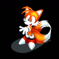 Size: 1480x1480 | Tagged: safe, artist:azzybazzyy, miles "tails" prower, sonic adventure, 2024, black background, classic sonic, classic style, looking offscreen, mouth open, redraw, shadow (lighting), signature, simple background, smile, solo, standing