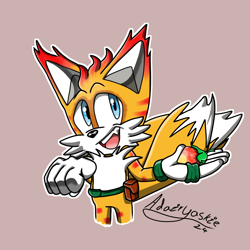 Size: 1500x1500 | Tagged: safe, artist:adairyaskie, mangey, miles "tails" prower, 2024, berry, clenched fist, food, grey background, holding something, looking offscreen, mouth open, one fang, outline, signature, simple background, smile, solo