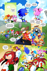 Size: 3000x4578 | Tagged: safe, artist:drawloverlala, amy rose, buzz bomber, caterkiller, coconuts, knuckles the echidna, miles "tails" prower, moto bug, robotnik, sally acorn, sonic the hedgehog, chipmunk, echidna, fox, hedgehog, human, hybrid, comic:sonic world travel, angel island, aquis, badnik, bat brain, blue power pattern, cyan power pattern, eggmobile, fight, gray power pattern, kitsune, piko piko hammer, pink power pattern, red power pattern, robot, yellow power pattern