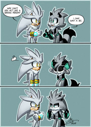 Size: 800x1118 | Tagged: safe, artist:finikart, silver the hedgehog, oc, oc:stripes the raccoon, hedgehog, raccoon, comic:heroes come back, abstract background, comic, duo, friends only, hair down, serious, signature