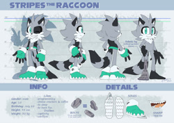 Size: 1280x908 | Tagged: safe, artist:finikart, oc, oc:stripes the raccoon, raccoon, 2020, blue eyes, bolt, character bio, character name, character sheet, cheese crackers, chest fluff, grey fur, heroes come back, model sheet, reference sheet, robotic leg, sharp teeth, signature, turquoise eyes, vest