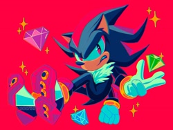 Size: 2666x2000 | Tagged: safe, artist:nolviniart, shadow the hedgehog, chaos emerald, frown, looking at viewer, red background, simple background, solo, sparkles