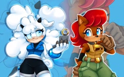 Size: 2048x1287 | Tagged: safe, artist:bingusbnuy, lanolin the sheep, nicole the handheld, sally acorn, duo, outfit swap