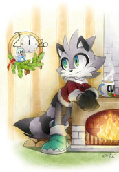 Size: 900x1301 | Tagged: safe, artist:finikart, flicky, oc, oc:stripes the raccoon, 2020, clock, coffee, fireplace, gloves off, striped tail, sweater, turquoise eyes