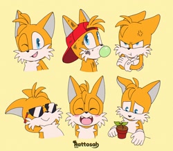 Size: 2048x1784 | Tagged: safe, artist:lacuevaderattah, miles "tails" prower, 2025, arms folded, backwards cap, blushing, bubblegum, cross popping vein, dirt, fangs, plant, plant pot, redraw, signature, simple background, smile, solo, stain, sunglasses, wink, yellow background