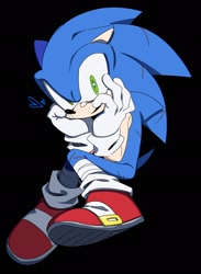 Size: 1502x2048 | Tagged: safe, artist:kou_sonic, sonic the hedgehog, 2025, bandage, bandaid, black background, hands on own face, heart, looking at viewer, simple background, sitting, solo