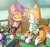 Size: 1748x1647 | Tagged: dead source, safe, artist:atomiclance, miles "tails" prower, abstract background, bench, blushing, crossover, daytime, duo, eyes closed, food, helmet, ice cream, looking at them, mobianified, my little pony, outdoors, pegasus, pony, scootaloo, scooter, sitting, smile, vehicle