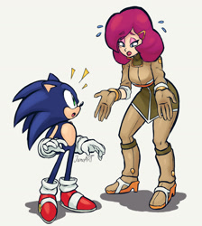 Size: 1280x1427 | Tagged: safe, artist:jamo_art, artist:jamoart, sonic the hedgehog, human, sonic frontiers, 2022, bending over, duo, grey background, looking at each other, mouth open, professor victoria, shadow (lighting), signature, simple background