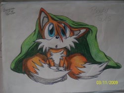 Size: 1024x768 | Tagged: safe, artist:laryssadesenhista, miles "tails" prower, 2009, :o, aged down, baby, blanket, cute, mouth open, signature, solo, traditional media, younger