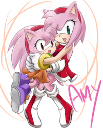 Size: 1000x1244 | Tagged: safe, artist:garugirosonicshadow, amy rose, 2010, amybetes, character name, classic amy, cute, duo, hugging, looking at viewer, mouth open, self paradox, simple background, smile, white background