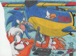 Size: 1024x752 | Tagged: safe, artist:laryssadesenhista, miles "tails" prower, sonic the hedgehog, 2010, bolt, duo, pencilwork, pliers, signature, smile, tongue out, toolbox, tornado ii, traditional media, wire