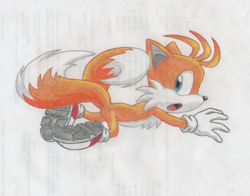 Size: 787x618 | Tagged: safe, artist:laryssadesenhista, miles "tails" prower, 2010, flying, looking back, mouth open, solo, spinning tails, traditional media