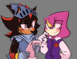 Size: 3259x2501 | Tagged: safe, artist:shad0wthe3dge, espio the chameleon, shadow the hedgehog, sonic and the black knight, the murder of sonic the hedgehog, 2025, blushing, duo, gay, grey background, holding something, paper, scar, shadpio, shipping, simple background, sir lancelot, smile, standing