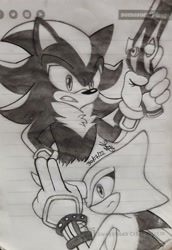 Size: 883x1280 | Tagged: safe, artist:sonikera19xd, espio the chameleon, shadow the hedgehog, 2022, clenched teeth, duo, frown, gun, holding something, looking offscreen, monochrome, signature, traditional media