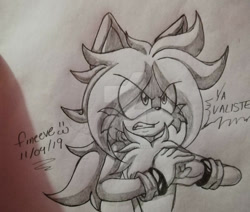 Size: 600x508 | Tagged: safe, artist:silveralchemist09, miles "tails" prower, 2019, aged up, alternate universe, au:the sonic's return, cracking knuckle, deviantart watermark, eye clipping through hair, eyebrow clipping through hair, greyscale, long hair, looking offscreen, monochrome, obtrusive watermark, older, pencilwork, signature, solo, spanish text, standing, traditional media, watermark