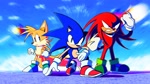 Size: 2048x1152 | Tagged: safe, artist:i_willendyou, knuckles the echidna, miles "tails" prower, sonic the hedgehog, sonic heroes, 2025, abstract background, blue shoes, clenched fists, clenched teeth, egg fleet, looking at viewer, redraw, standing, team sonic, trio