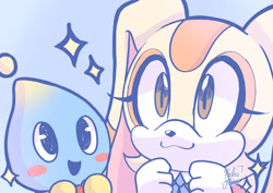 Size: 2048x1448 | Tagged: safe, artist:faburin, artist:faburinrin, cheese (chao), cream the rabbit, chao, 2024, blue background, blushing, clenched fists, cute, duo, looking offscreen, mouth open, neutral chao, signature, simple background, smile, sparkles