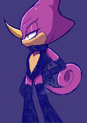 Size: 2048x2897 | Tagged: safe, artist:faburin, artist:faburinrin, espio the chameleon, 2024, bodysuit, frown, gloves, hand on hip, lidded eyes, long gloves, looking offscreen, purple background, signature, simple background, socks, solo, stockings