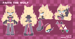 Size: 2048x1070 | Tagged: safe, artist:faburin, artist:faburinrin, oc, oc:faith the wolf, wolf, 2025, abstract background, character name, ear fluff, eyebrow clipping through hair, lidded eyes, oc only, outline, reference sheet, signature, smile, solo, star (symbol), v sign