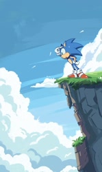 Size: 767x1290 | Tagged: safe, artist:freessso, sonic the hedgehog, hedgehog, 2025, abstract background, cliff, clouds, daytime, grass, hand on hip, looking down, male, outdoors, solo, standing