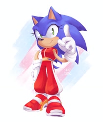 Size: 870x1034 | Tagged: safe, artist:drawchill_s, sonic the hedgehog, hedgehog, 2025, abstract background, crop jacket, female, hand on hip, looking at viewer, pants, pointing, signature, smile, soap shoes, solo, standing, trans female, trans pride, transgender