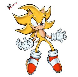 Size: 1911x1888 | Tagged: safe, artist:origanlgaming, sonic the hedgehog, super sonic, 2022, frown, looking offscreen, signature, simple background, solo, super form, uekawa style, white background