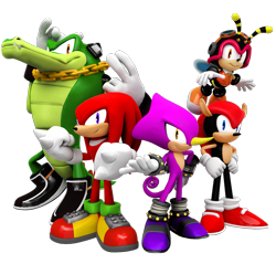 Size: 1443x1380 | Tagged: safe, artist:nibroc-rock, charmy bee, espio the chameleon, knuckles the echidna, mighty the armadillo, vector the crocodile, knuckles chaotix, 2014, 3d, flying, group, looking at viewer, simple background, smile, standing, team chaotix, transparent background