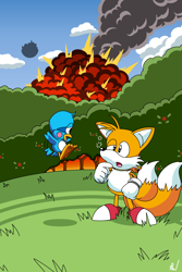 Size: 1280x1920 | Tagged: safe, artist:shenvalor, flicky, miles "tails" prower, 2024, abstract background, classic tails, clouds, daytime, duo, explosion, flapping wings, flying, grass, looking at each other, mouth open, outdoors, smoke, tails adventure