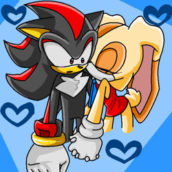 Size: 579x579 | Tagged: artist needed, safe, cream the rabbit, shadow the hedgehog, abstract background, age difference, duo, eyes closed, heart, holding hands, kiss on cheek, mouth open, shadream, shipping, standing, straight, surprise kiss, surprised, underage