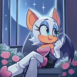 Size: 1536x1536 | Tagged: safe, artist:galateart, rouge the bat, 2025, abstract background, bush, flower, legs crossed, looking offscreen, rose, sitting, smile, solo, sparkles