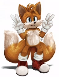 Size: 1568x2048 | Tagged: safe, artist:msvartzy, miles "tails" prower, 2025, double v sign, lineless, looking offscreen, movie style, shadow (lighting), signature, smile, solo, standing, v sign