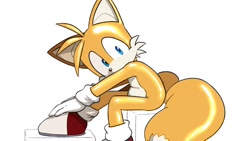 Size: 1248x702 | Tagged: safe, artist:seen023hey, miles "tails" prower, 2025, looking at viewer, simple background, sitting, solo, white background