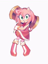 Size: 1536x2048 | Tagged: safe, artist:lukaaart_ss, amy rose, 2025, blushing, grey background, holding something, looking at viewer, mouth open, piko piko hammer, simple background, solo