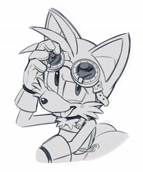 Size: 1701x2048 | Tagged: safe, artist:thatbirdguy_, miles "tails" prower, 2025, apron, goggles, greyscale, looking at viewer, monochrome, simple background, solo, tongue out, white background