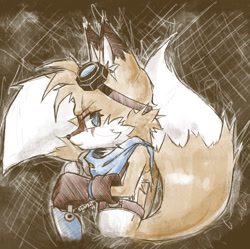 Size: 1445x1442 | Tagged: safe, artist:squorkalart, miles "tails" prower, 2025, abstract background, aged up, alternate universe, alternate version, arms folded, au:metal breakers, belt, colored version, ear fluff, eyelashes, frown, goggles, holding something, looking at viewer, older, scar, scarf, solo