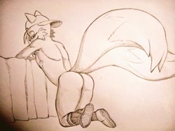 Size: 1024x768 | Tagged: suggestive, artist:tailver, miles "tails" prower, 2020, backwards cap, butt, kneeling, legs crossed, lidded eyes, line art, looking at viewer, monochrome, raised tail, solo, traditional media