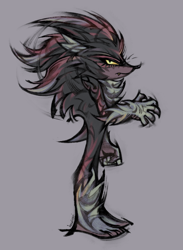 Size: 640x875 | Tagged: safe, artist:dddeerbo, shadow the hedgehog, barefoot, claws, frown, gloves off, grey background, looking at viewer, one fang, simple background, solo, standing, whiskers, yellow sclera