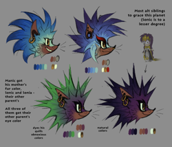 Size: 640x548 | Tagged: safe, artist:dddeerbo, queen aleena, sonia the hedgehog, sonic the hedgehog, dyed hair, dyed quills, ear piercing, earring, english text, looking offscreen, manic the hedgehog, redesign, reference inset, siblings, side view, smile, trio, whiskers