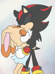 Size: 1150x1550 | Tagged: safe, artist:soul-yagami64, cream the rabbit, shadow the hedgehog, 2024, age difference, dress, duo, eyes closed, flat colors, grey background, hugging, kiss on head, shadream, shipping, simple background, smile, standing, straight, underage