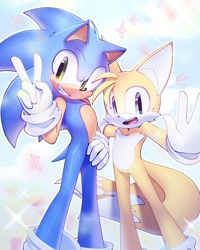 Size: 640x800 | Tagged: safe, artist:kazuna_endi, miles "tails" prower, sonic the hedgehog, duo, sparkles, v sign, waving