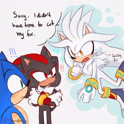 Size: 2048x2048 | Tagged: safe, artist:shoopise, shadow the hedgehog, silver the hedgehog, sonic the hedgehog, 2025, dialogue, english text, exclamation mark, flying, gay, grey background, looking at each other, looking at them, polyamory, shipping, signature, simple background, sonadilver, standing, sweatdrop, trio