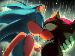 Size: 2048x1536 | Tagged: safe, artist:iriiririii111, shadow the hedgehog, sonic the hedgehog, 2025, duo, eyes closed, gay, hand on another's head, holding them, kiss, looking at them, outdoors, rain, shadow x sonic, shipping, standing