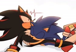 Size: 2048x1421 | Tagged: safe, artist:twixei0, shadow the hedgehog, sonic the hedgehog, 2025, blushing, cute, duo, eyes closed, gay, hugging, looking offscreen, lying down, pulse wave, shadow (lighting), shadow x sonic, shipping, simple background, sitting, smile, sonabetes, surprise hug, surprised, white background